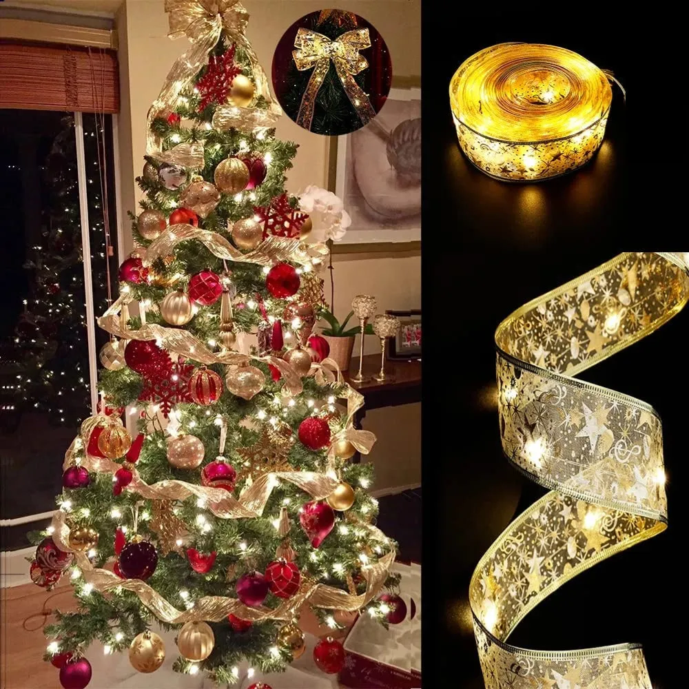 1Pcs Fairy Lights Christmas Tree Ribbon 13.12ft/ 4m Battery Operated String Gold-Warm Lights Led Ribbon for Christmas Tree Decorations