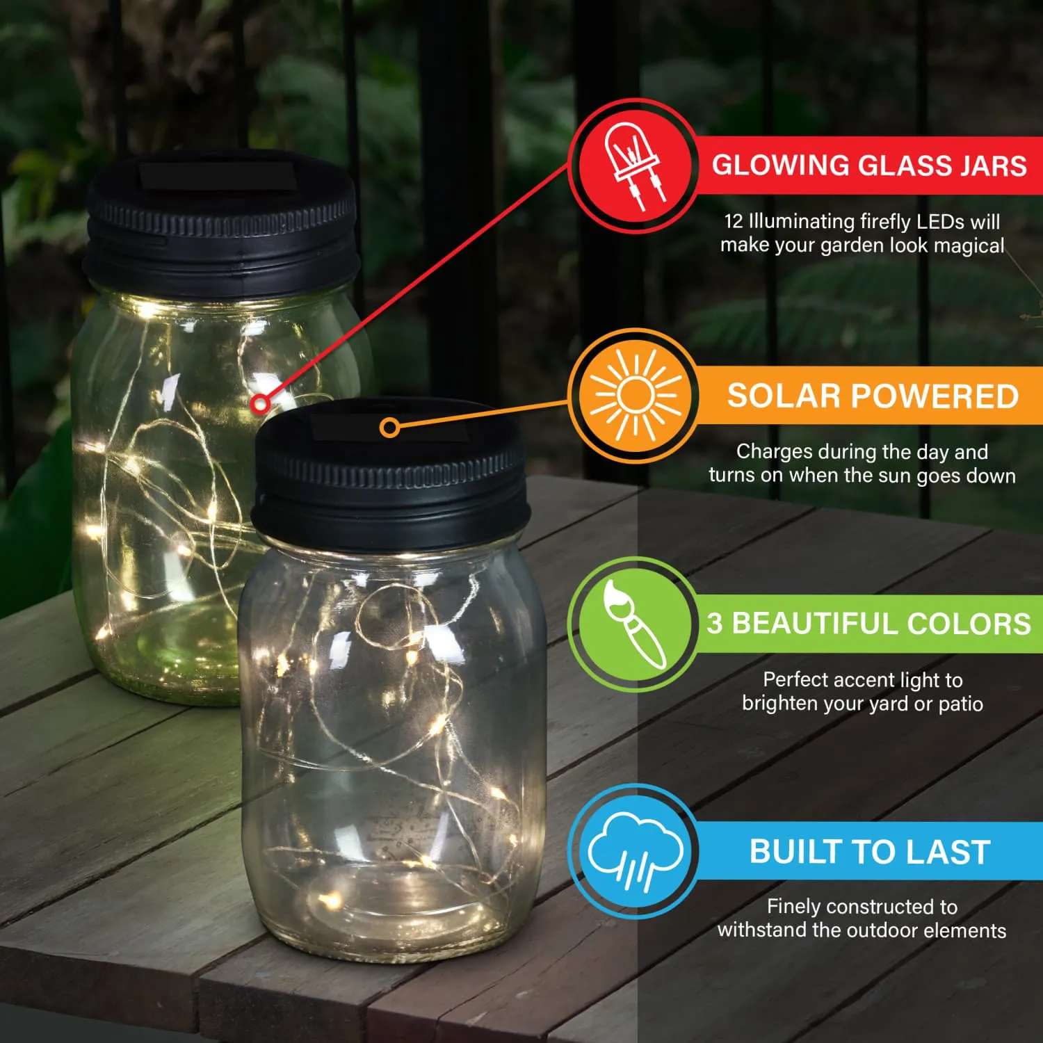 3 Piece Solar Glass Firefly Light Jar Set, 5.5 Inch