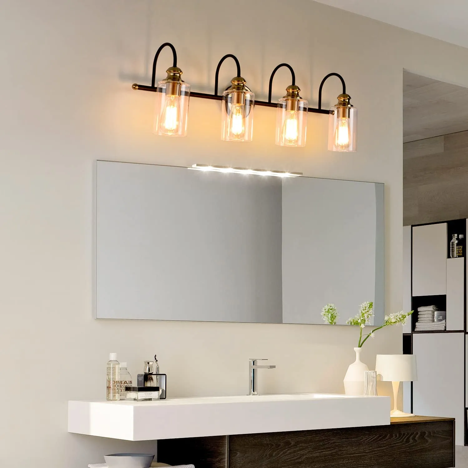 4 Light Bathroom Vanity Light Fixtures Modern Wall Sconce Black and Gold