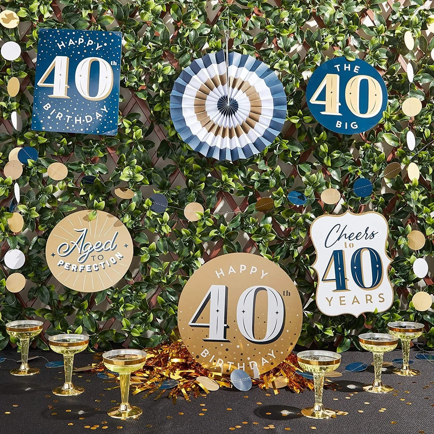 40th Birthday Decorations, Includes Table Centerpieces, Wall Sign, Ceiling Decorations and Confetti String (12 Pieces)