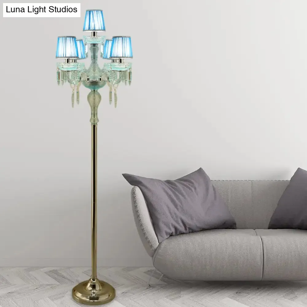 5/6/7-Bulb Traditional Crystal Candelabra Floor Lamp in Blue with Pleated Shade