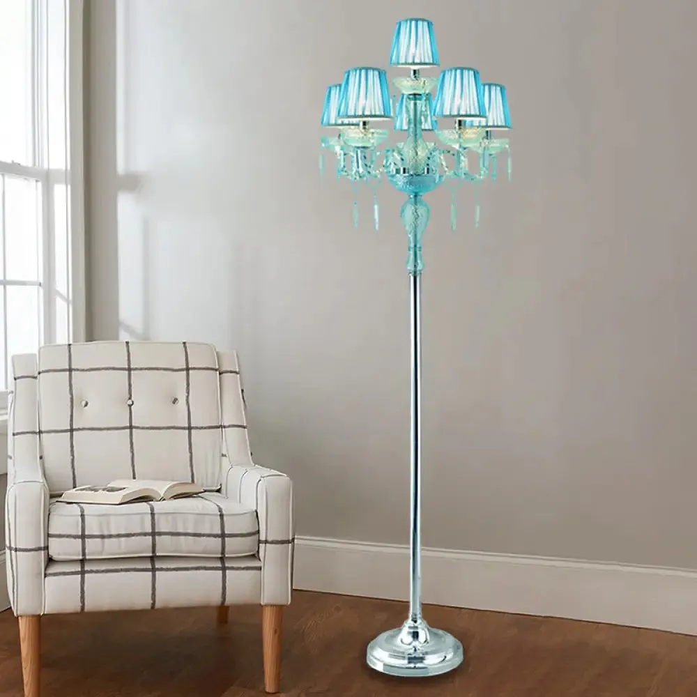 5/6/7-Bulb Traditional Crystal Candelabra Floor Lamp in Blue with Pleated Shade