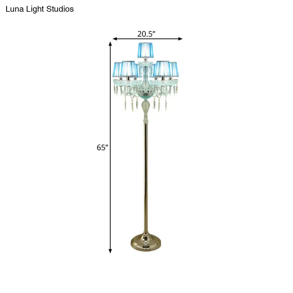 5/6/7-Bulb Traditional Crystal Candelabra Floor Lamp in Blue with Pleated Shade