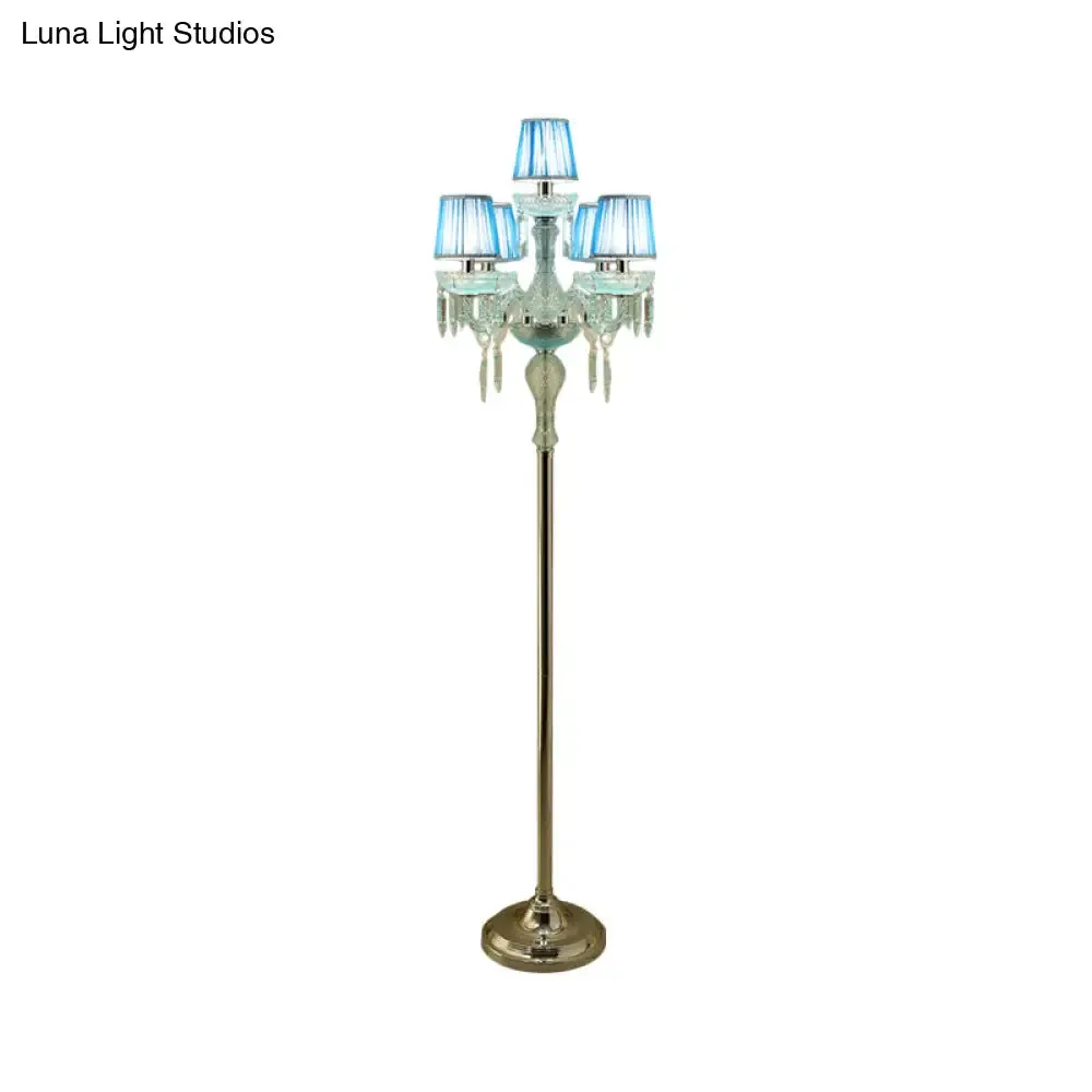 5/6/7-Bulb Traditional Crystal Candelabra Floor Lamp in Blue with Pleated Shade