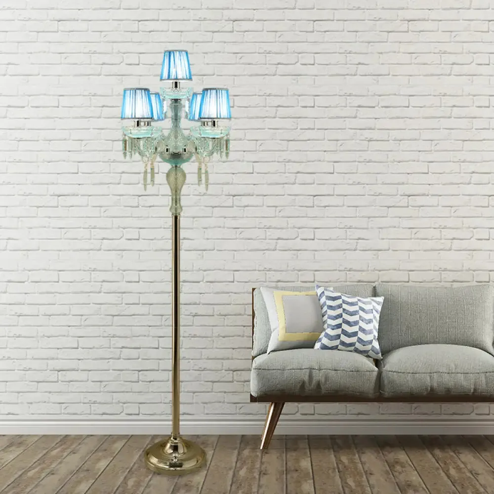 5/6/7-Bulb Traditional Crystal Candelabra Floor Lamp in Blue with Pleated Shade