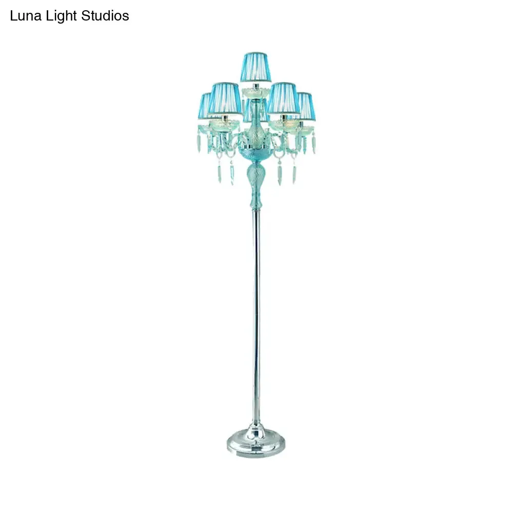 5/6/7-Bulb Traditional Crystal Candelabra Floor Lamp in Blue with Pleated Shade