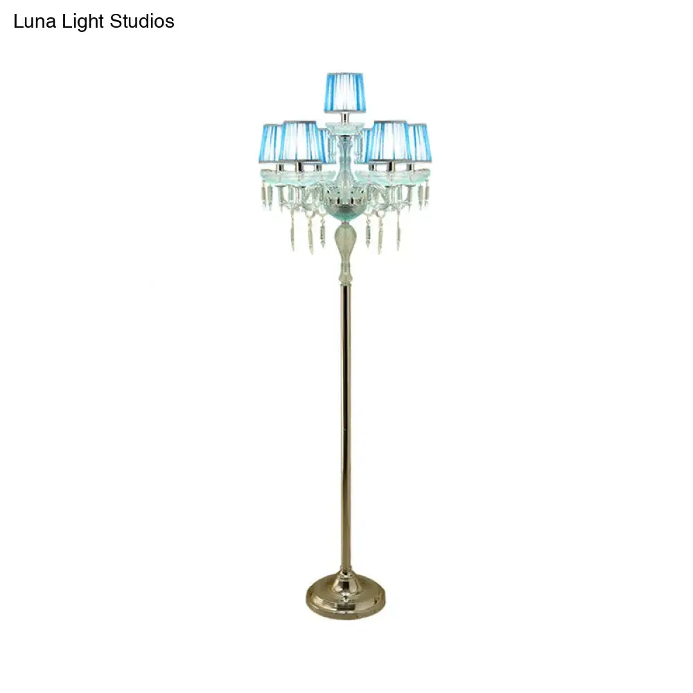 5/6/7-Bulb Traditional Crystal Candelabra Floor Lamp in Blue with Pleated Shade