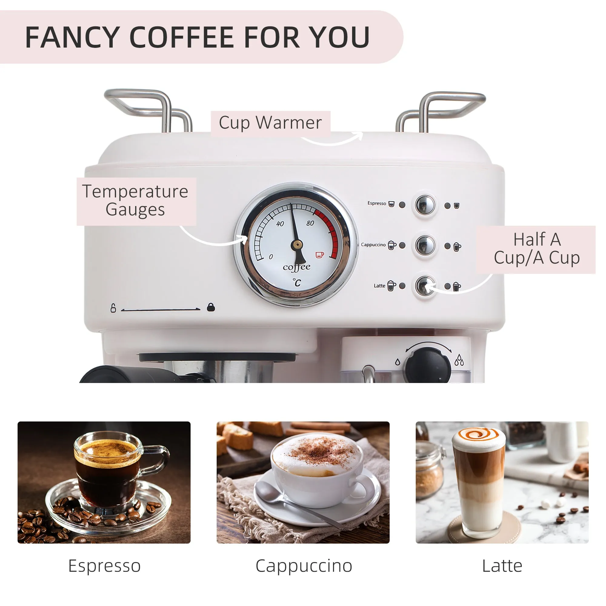 5Pc Coffee Machine, Espresso & Cappuccino & Latte Maker with Milk Frothing Steamer, 1.5L Removable Water Tank, 2 Cups, 1250W