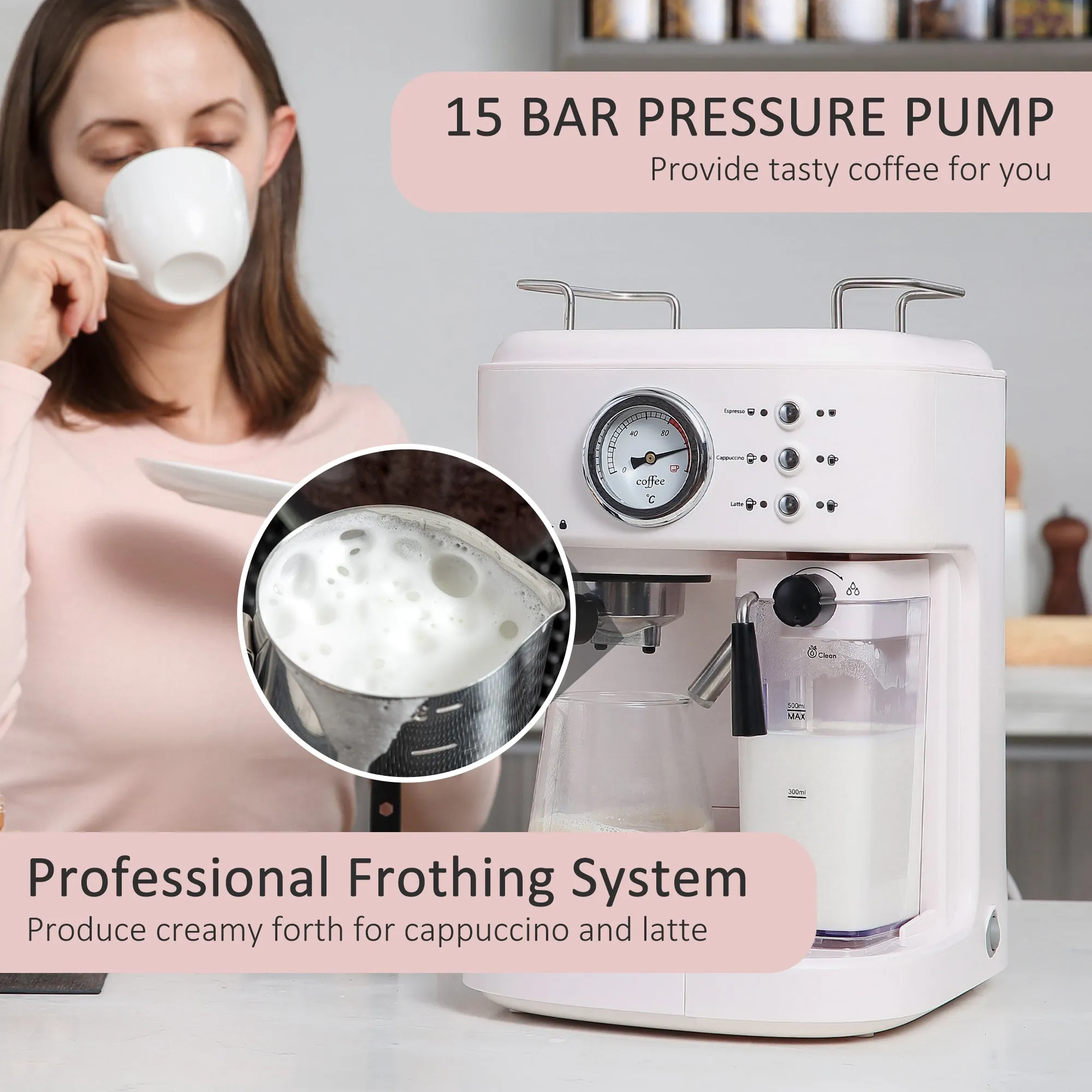 5Pc Coffee Machine, Espresso & Cappuccino & Latte Maker with Milk Frothing Steamer, 1.5L Removable Water Tank, 2 Cups, 1250W