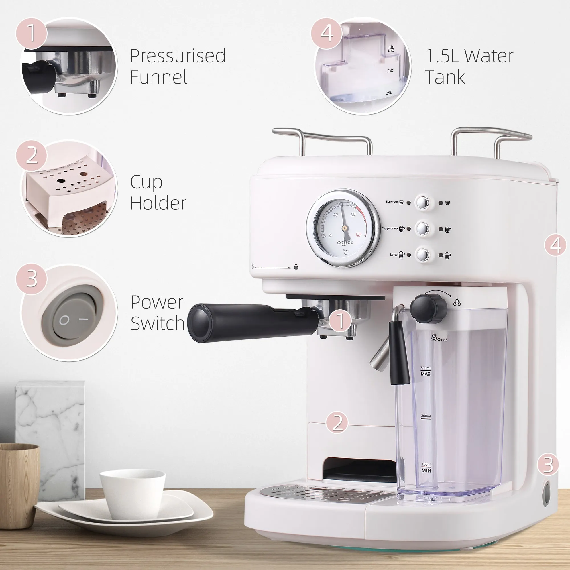 5Pc Coffee Machine, Espresso & Cappuccino & Latte Maker with Milk Frothing Steamer, 1.5L Removable Water Tank, 2 Cups, 1250W