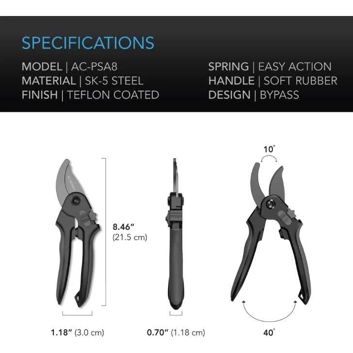 AC Infinity Stainless Steel Pruning Shear, 8” Bypass Blades