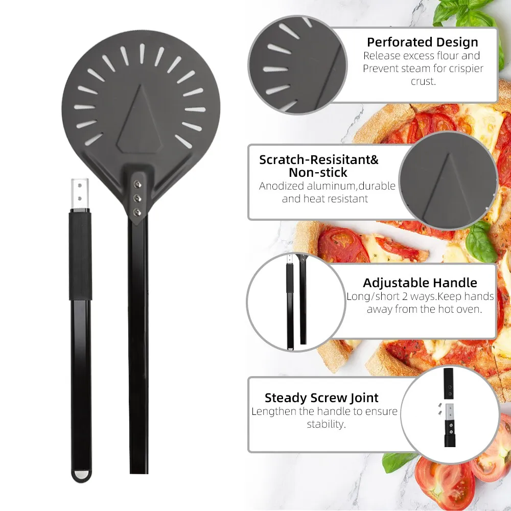 Anygleam Pizza Shovel 115cm Silver for Perforated Peel with Metal Handle Oven Turning Baking Accessory