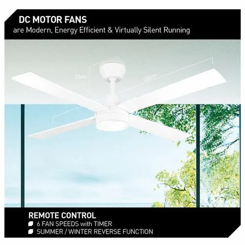 Arlec 120cm White 4 Blade LED Ceiling Fan/ 6 Speed Remote Control/ Reverse Function