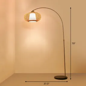 Bamboo Lantern Tea Room Floor Lamp with Minimalist Design and Wood Fishing Rod Arm