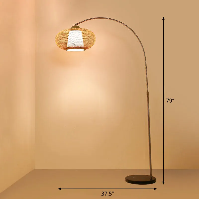 Bamboo Lantern Tea Room Floor Lamp with Minimalist Design and Wood Fishing Rod Arm