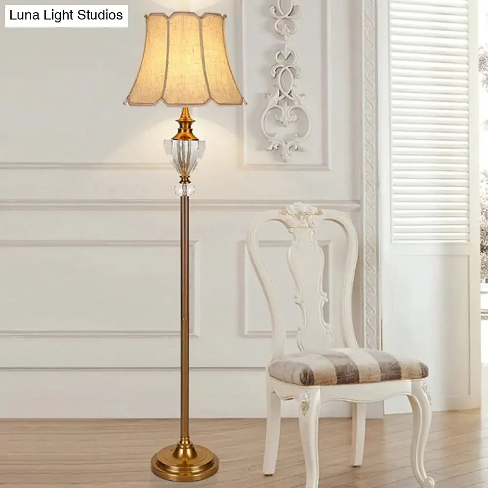 Beige Crystal Bowl Floor Lamp: Countryside Stand Up Light with Bell Fabric Shade