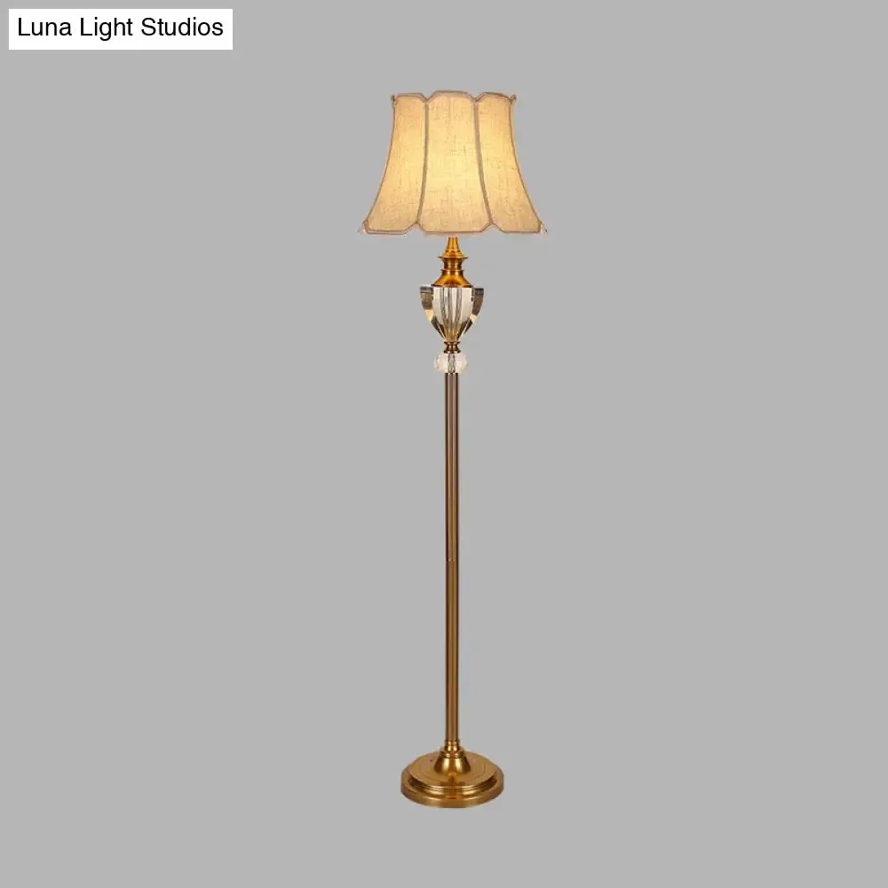 Beige Crystal Bowl Floor Lamp: Countryside Stand Up Light with Bell Fabric Shade