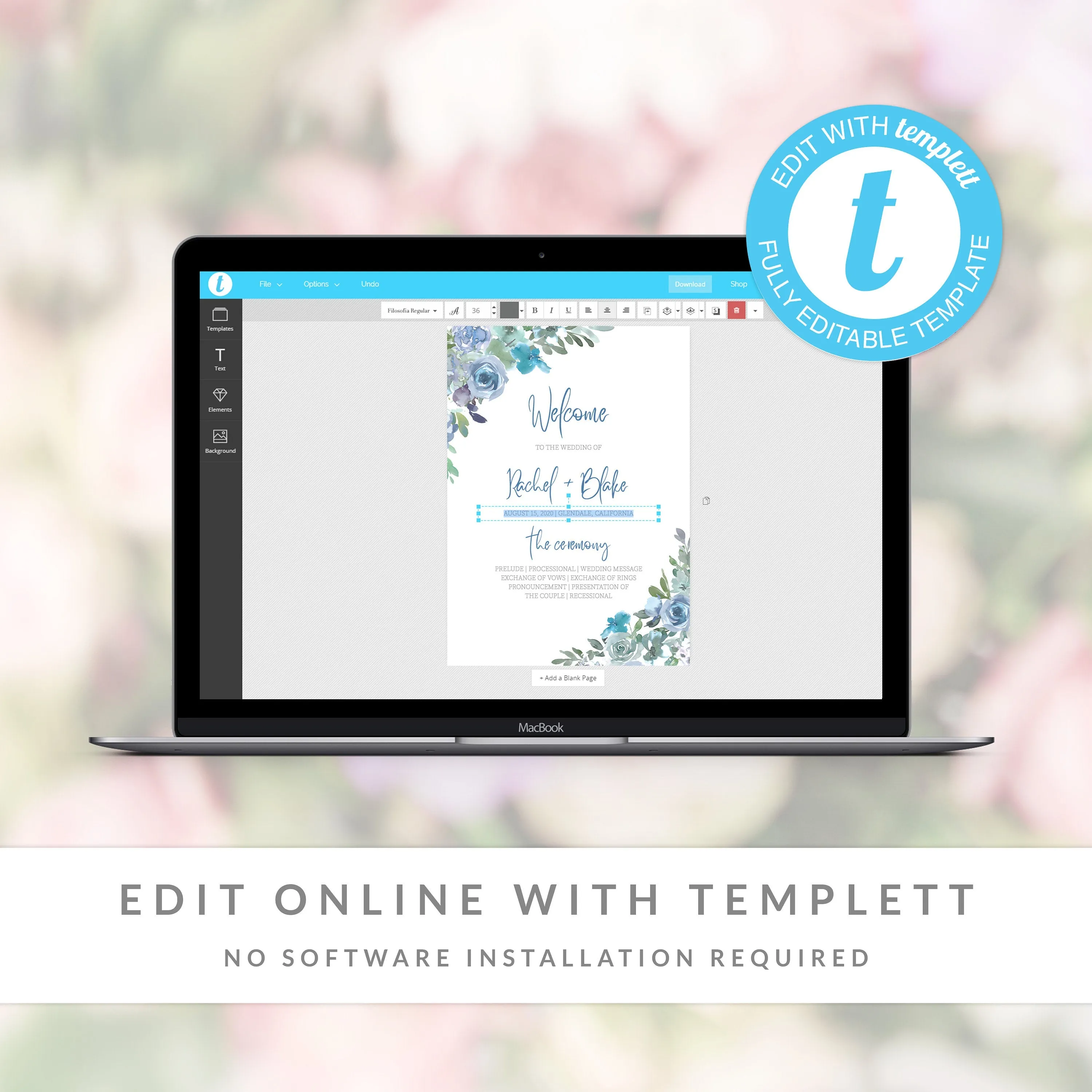 Blue Floral Wedding Ceremony Program Template, Printable Wedding Programs, Editable INSTANT DOWNLOAD - BF100