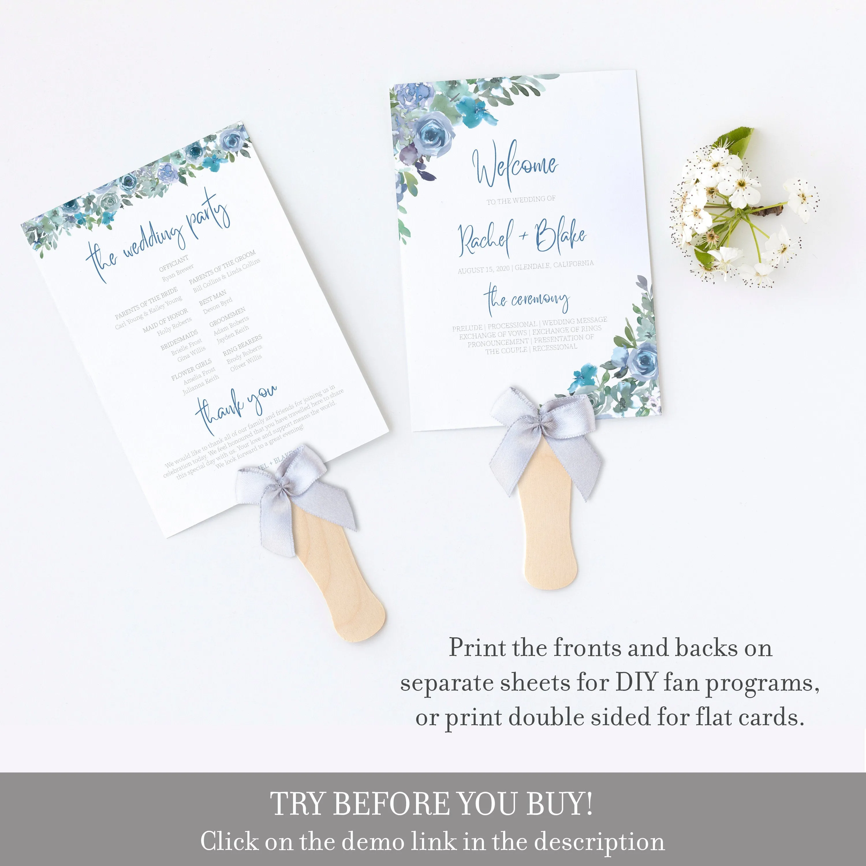 Blue Floral Wedding Ceremony Program Template, Printable Wedding Programs, Editable INSTANT DOWNLOAD - BF100