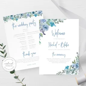 Blue Floral Wedding Ceremony Program Template, Printable Wedding Programs, Editable INSTANT DOWNLOAD - BF100