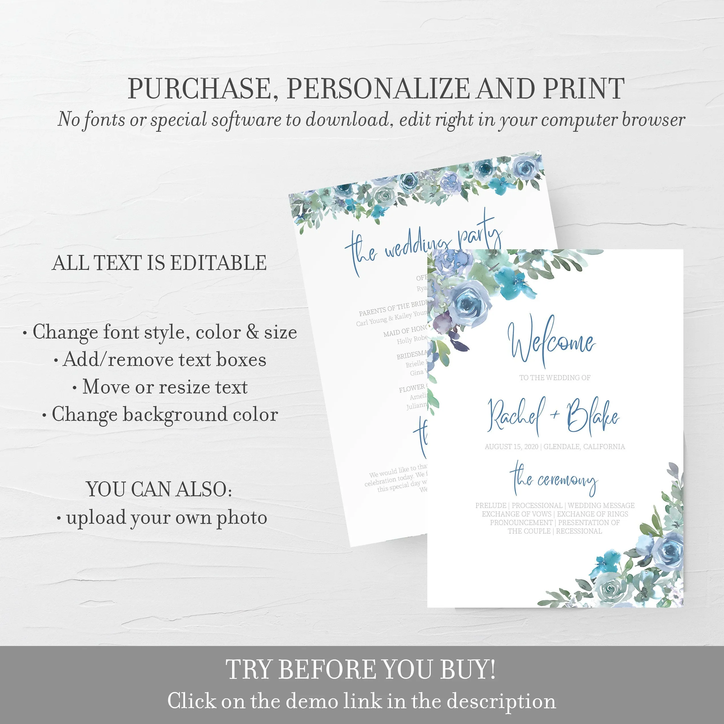 Blue Floral Wedding Ceremony Program Template, Printable Wedding Programs, Editable INSTANT DOWNLOAD - BF100