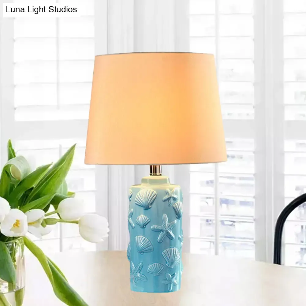 Blue Tapered Shade Table Night Lamp with Shell and Starfish Details