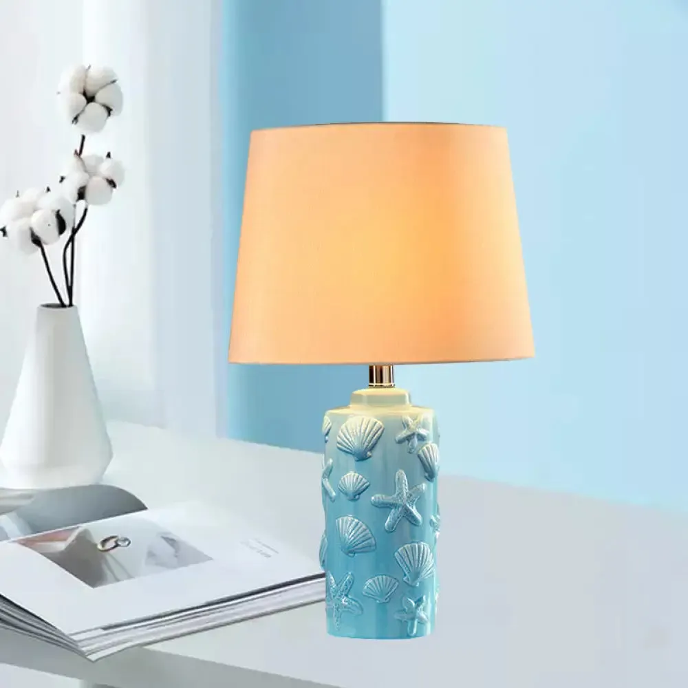 Blue Tapered Shade Table Night Lamp with Shell and Starfish Details