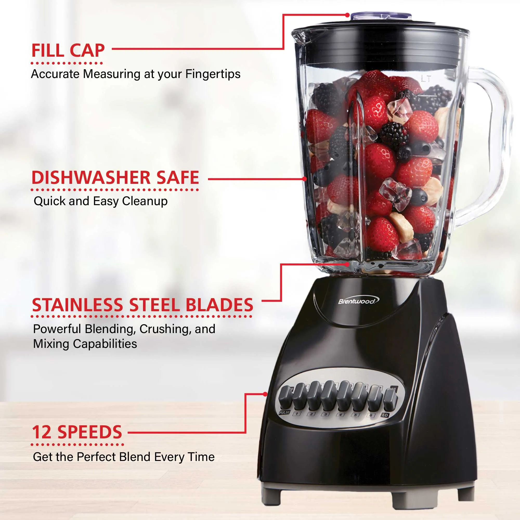 Brentwood JB-920B 12-Speed   Pulse Blender with Glass Jar, Black