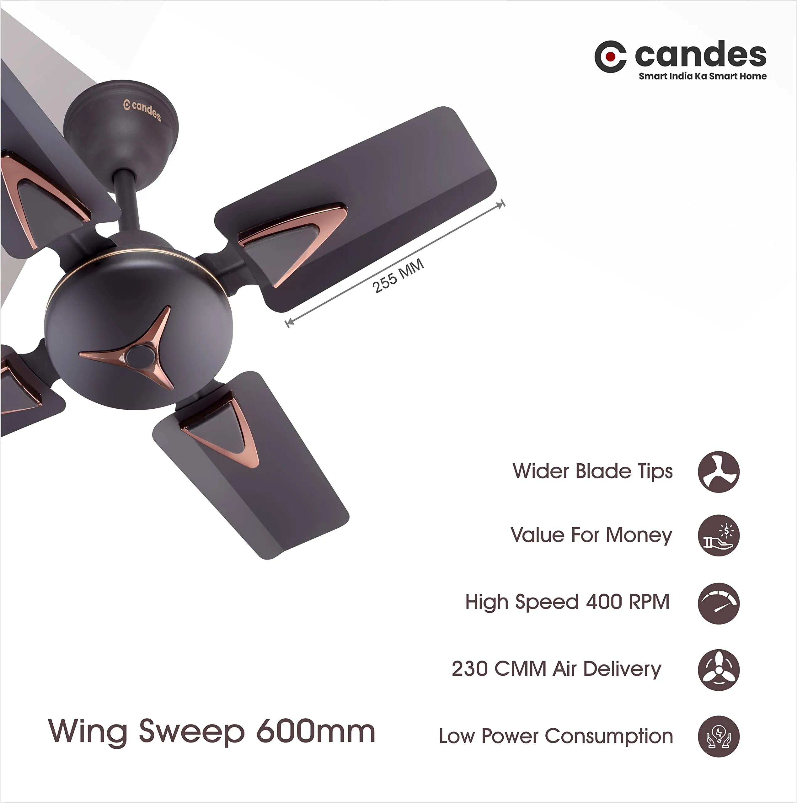 Candes Figo 600mm, High Speed Decorative Anti-Rust 405-RPM Ceiling Fan with 2 Yrs. Warranty (Coffee Brown) Pack of 2