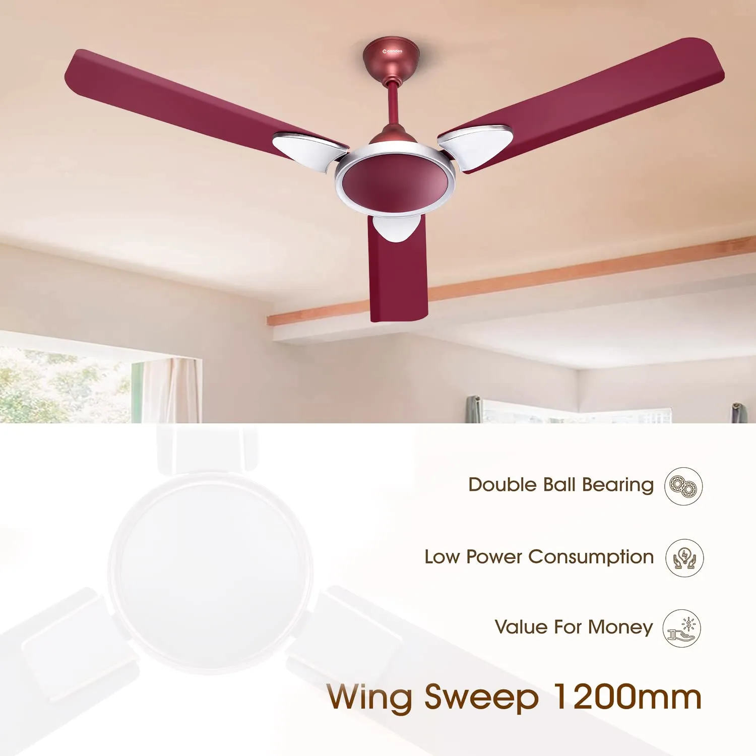 Candes Floreo 1200mm/48 inch High Speed 405 RPM Anti-dust Designer 3 Star Rated Ceiling Fan For Home With 2 Yrs Warranty (Maroon, Pack of 1)