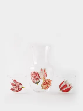 Carafe and glasses set with tulips