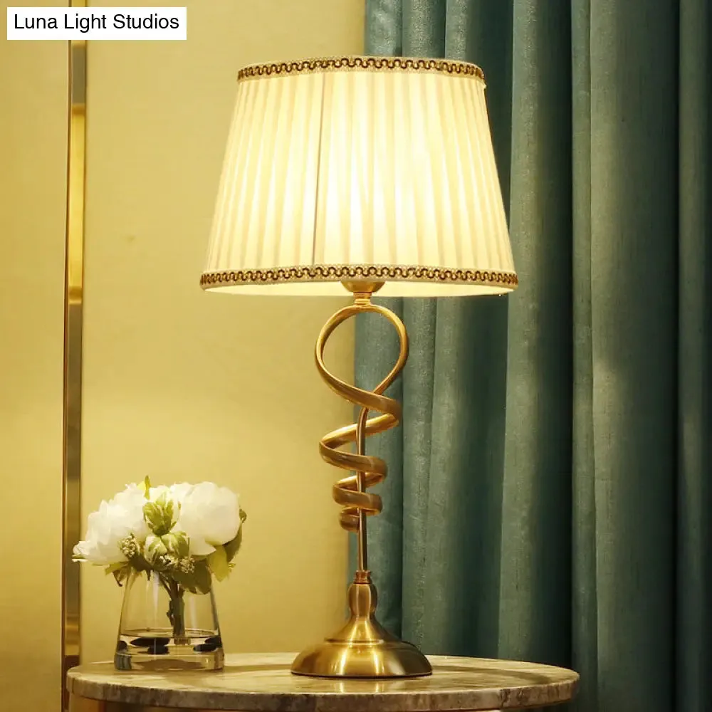 Classic Spiral Metallic Nightstand Lamp with Pleated Fabric Shade - 1 Head Table Lighting