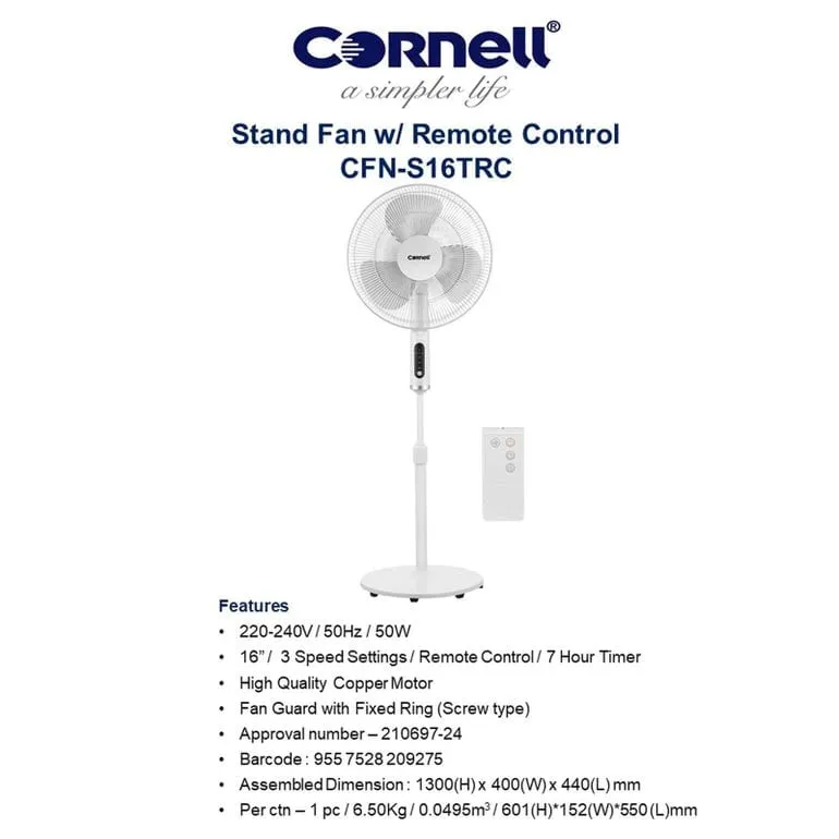 Cornell Stand Fan 16 Inch W/ Remote CFNS16TRC