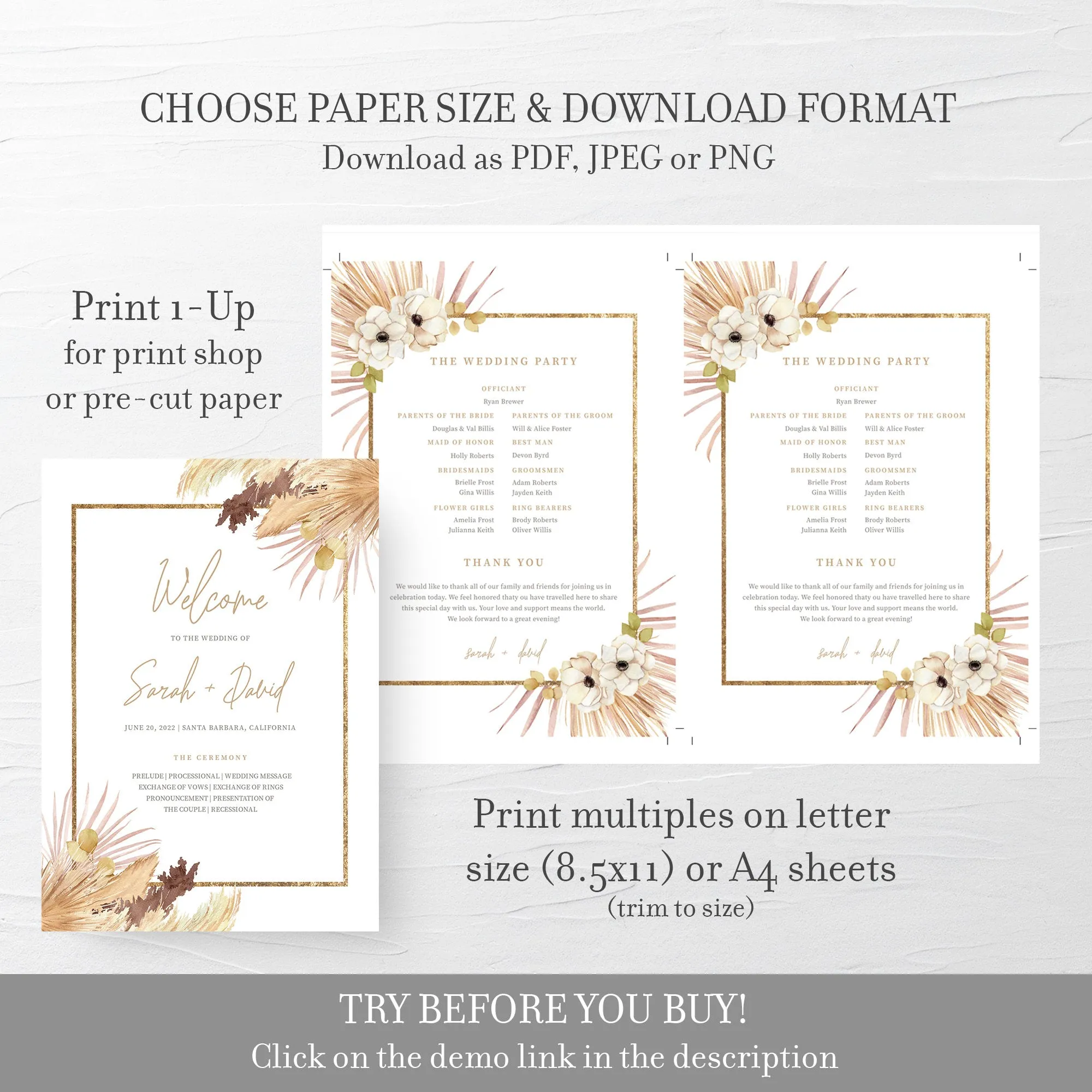 Desert Boho Wedding Program Template, Printable Pampas Grass Ceremony Program, Editable INSTANT DOWNLOAD - DP100