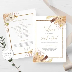 Desert Boho Wedding Program Template, Printable Pampas Grass Ceremony Program, Editable INSTANT DOWNLOAD - DP100