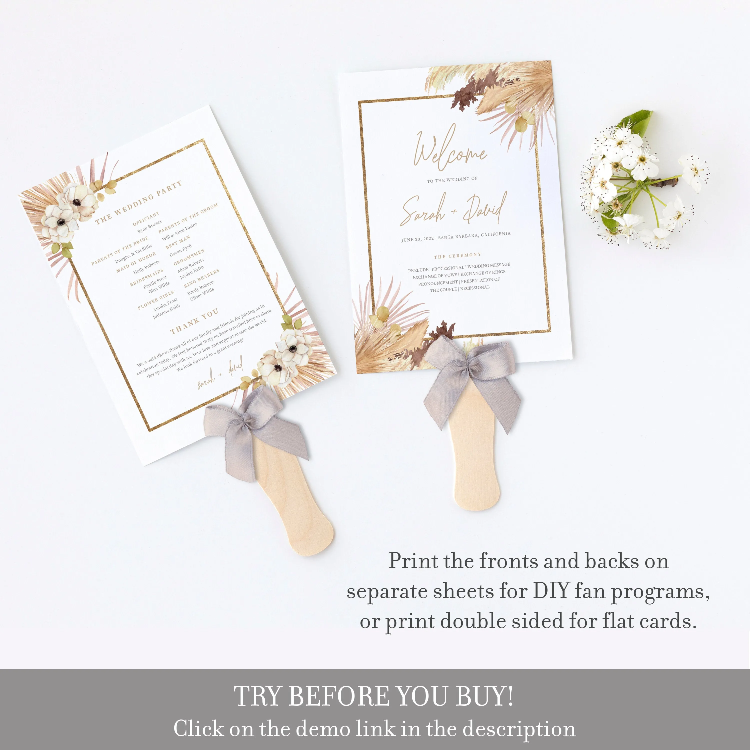 Desert Boho Wedding Program Template, Printable Pampas Grass Ceremony Program, Editable INSTANT DOWNLOAD - DP100