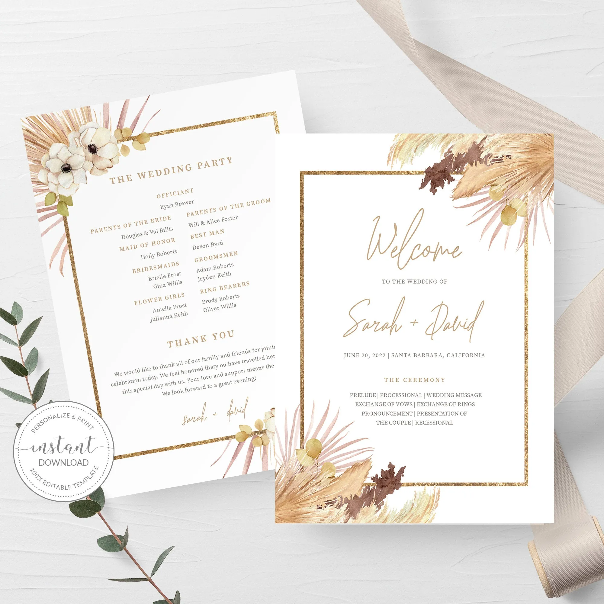 Desert Boho Wedding Program Template, Printable Pampas Grass Ceremony Program, Editable INSTANT DOWNLOAD - DP100