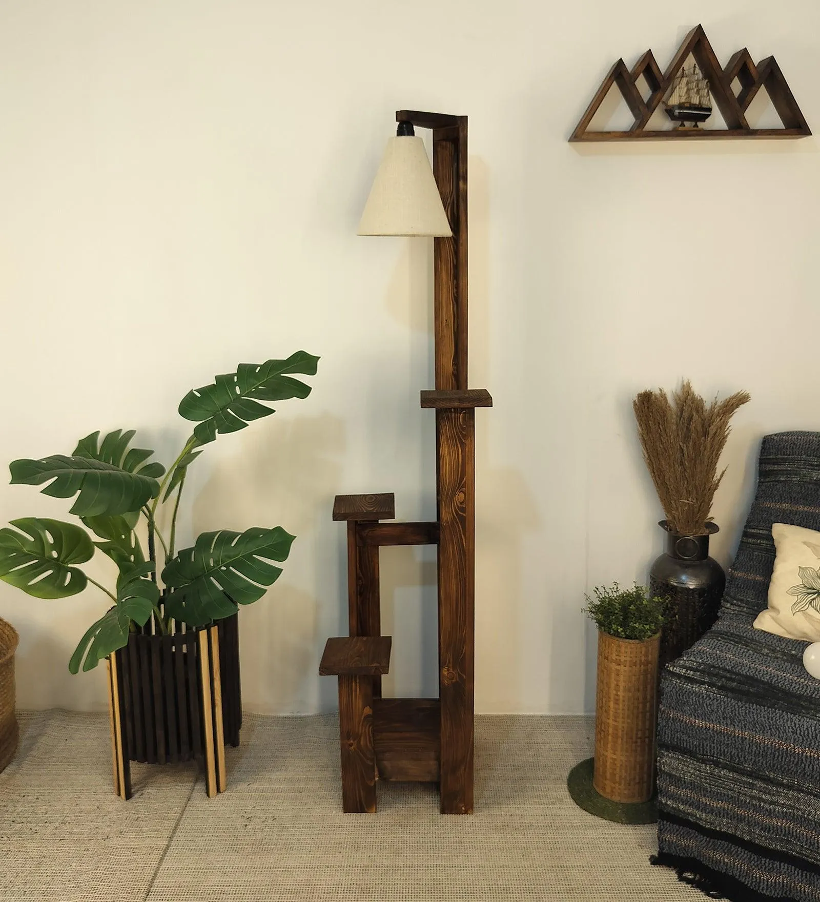 Dorian Wooden Floor Lamp with Brown Base and Jute Fabric Lampshade