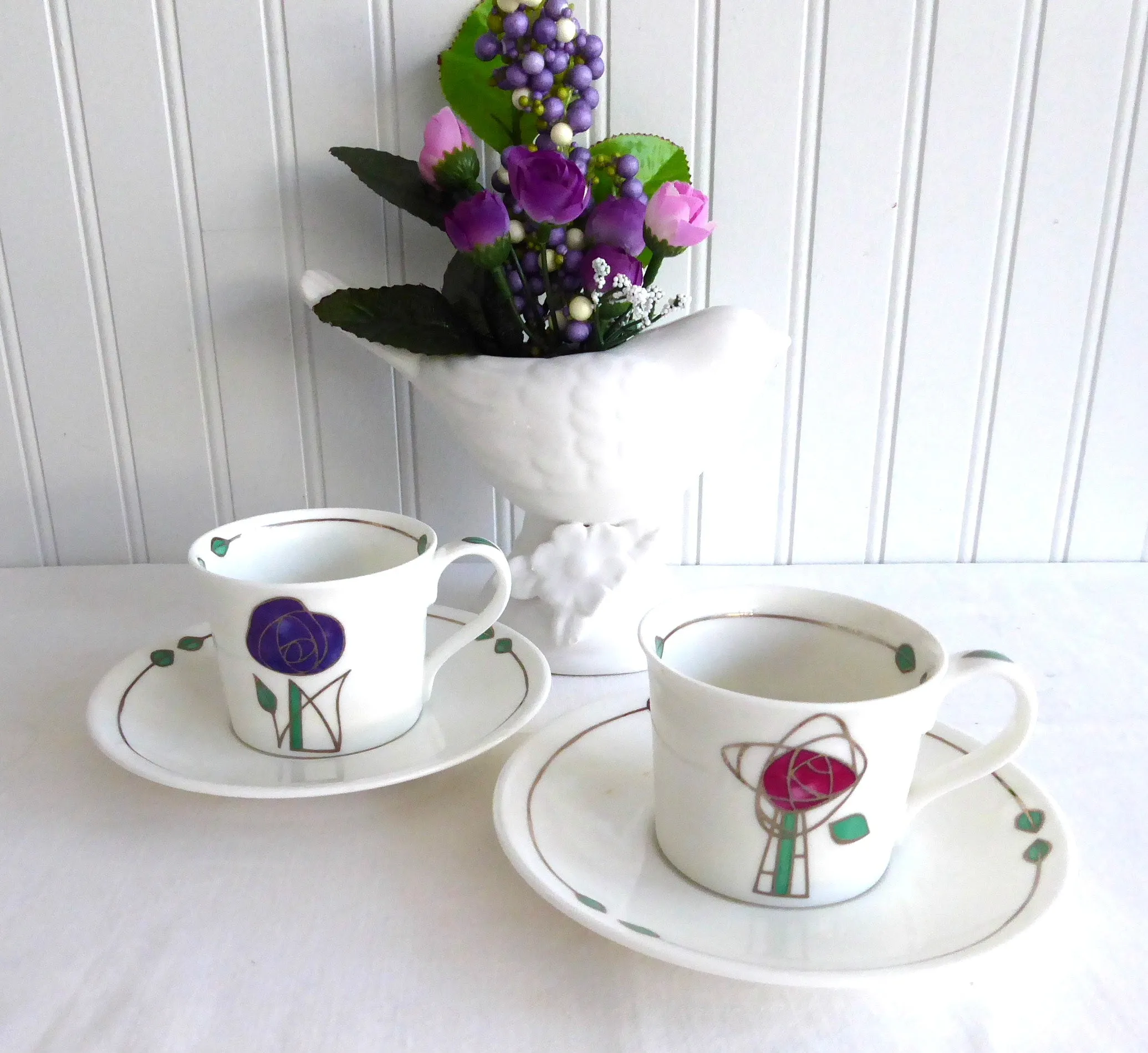 Dunoon 2 Arts And Crafts Espresso Cups And Saucers Bone China Demi Helensburgh