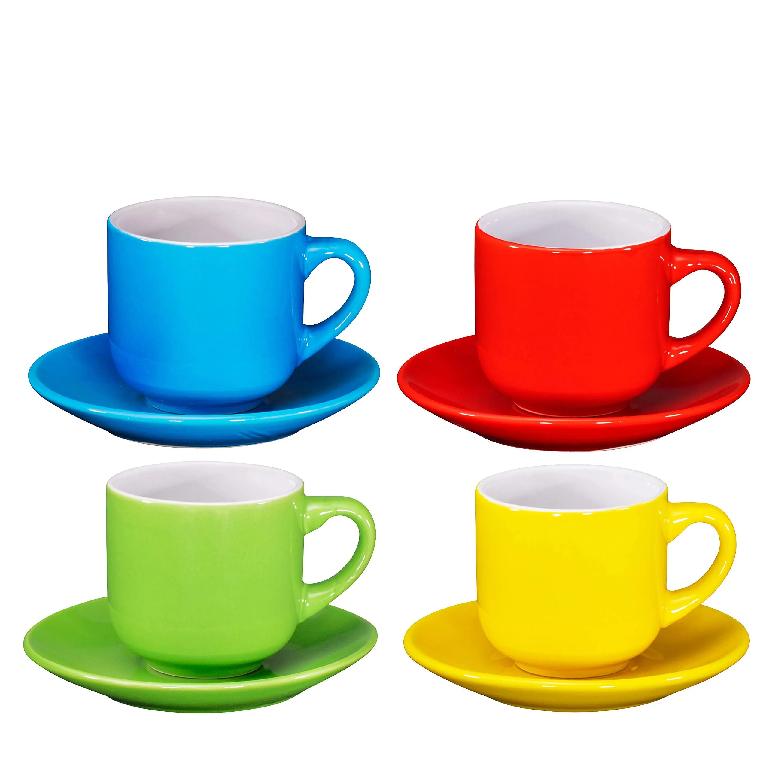 Espresso Cups with Saucers by Bruntmor - 4 ounce - Multi-Color, Chip Resistant, Stackable