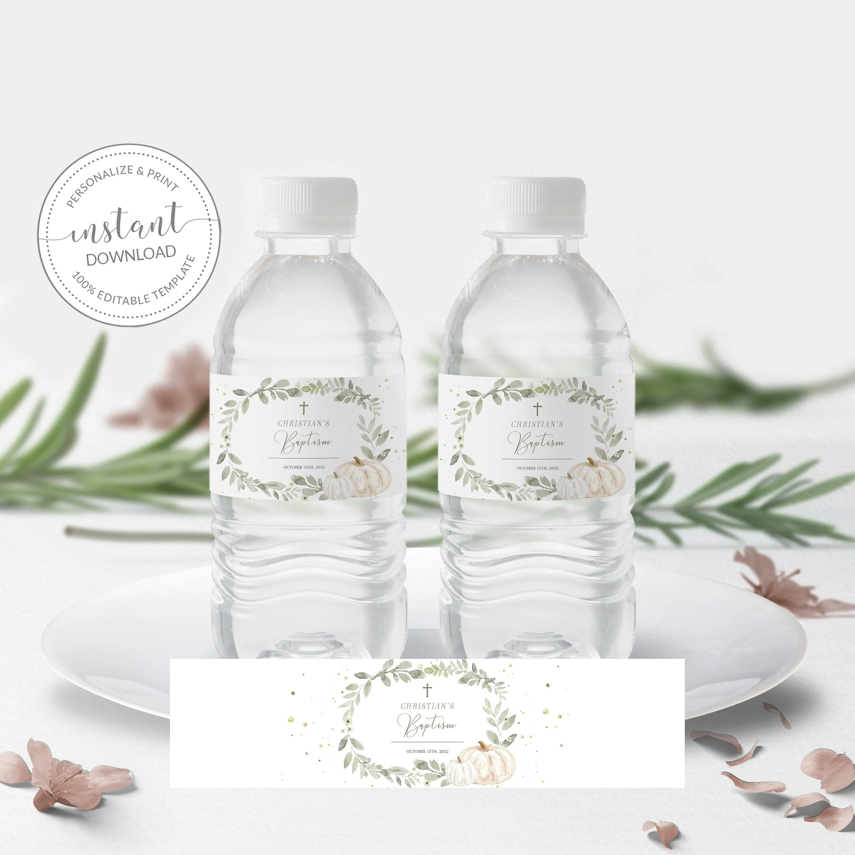 Fall Greenery Baptism Water Bottle Label Template, Printable Drink Wrapper, Editable INSTANT DOWNLOAD - PG100