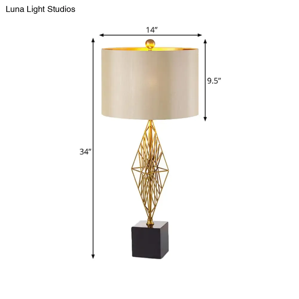 Geometric Base Gold Drum Study Light: Traditional Fabric Task Lighting for Bedroom