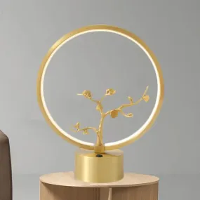 Gold LED Tree Decor Night Light - Modern Metallic Ring Table Lighting