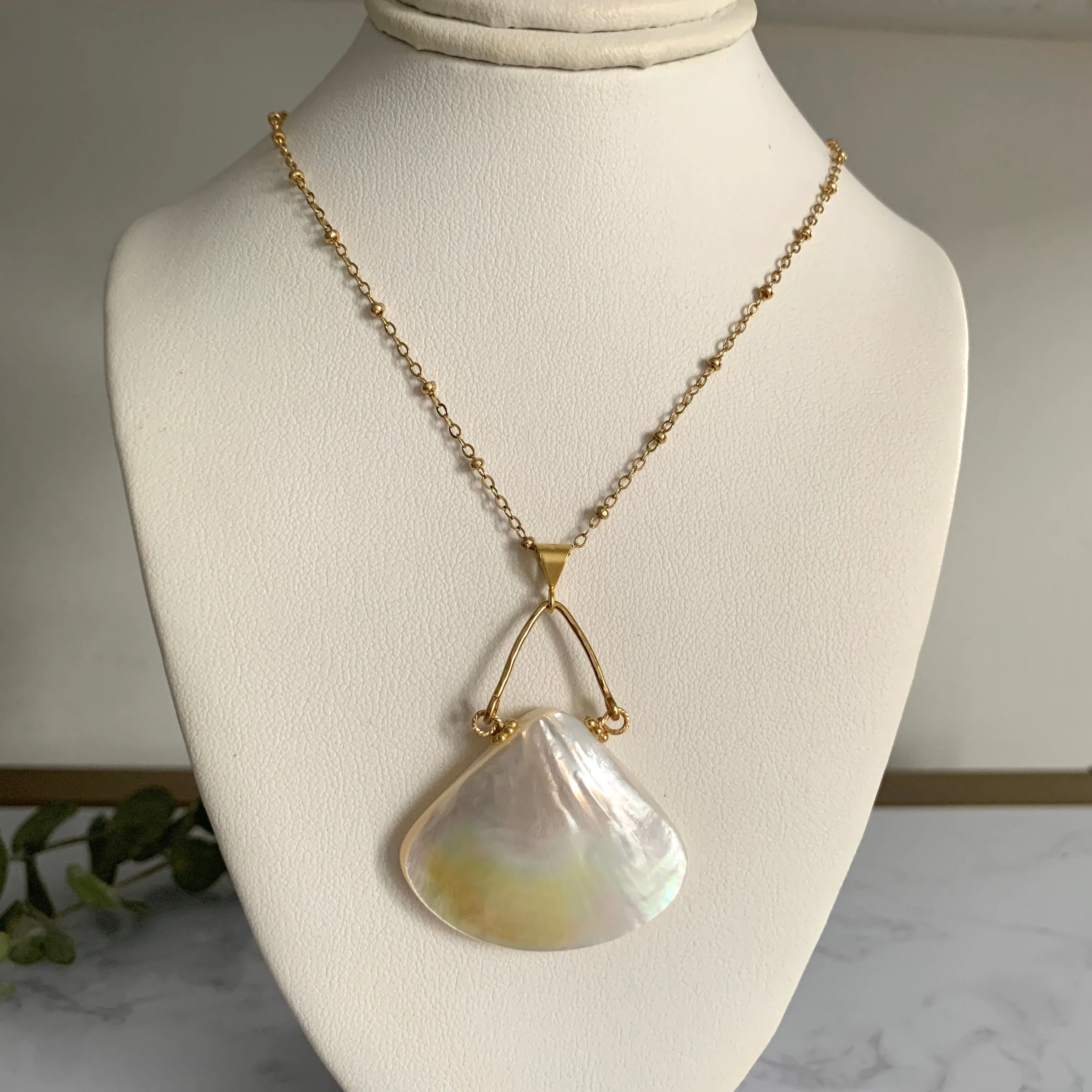 Gold Mother of Pearl Fan Pendant