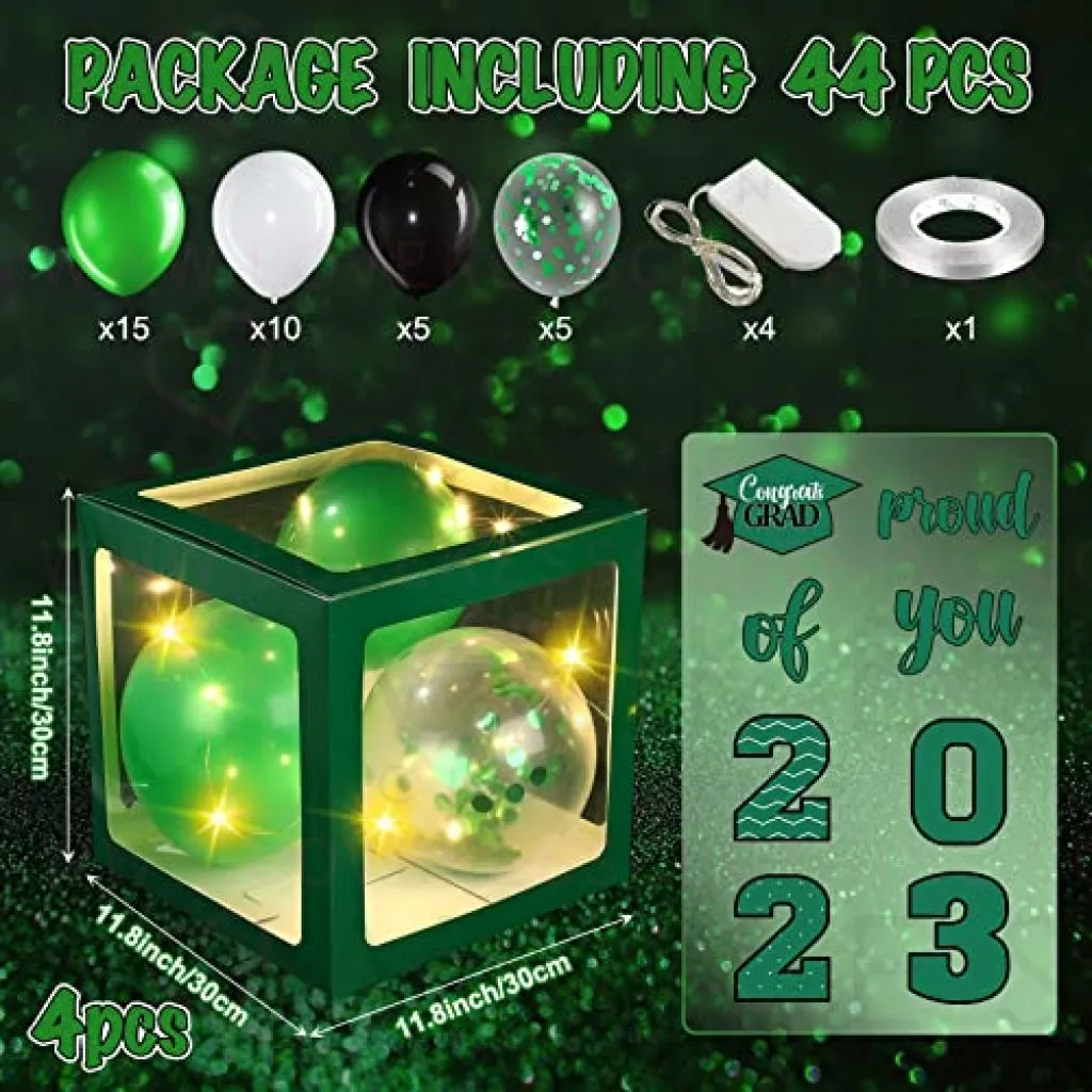 Graduation Box Decorations with Balloon and LED Light Strings Congrats 2023 Grad Party Supplies Proud of You Balloon Boxes for Class of 2023 School College Party Decor, 44 Pieces (Green)