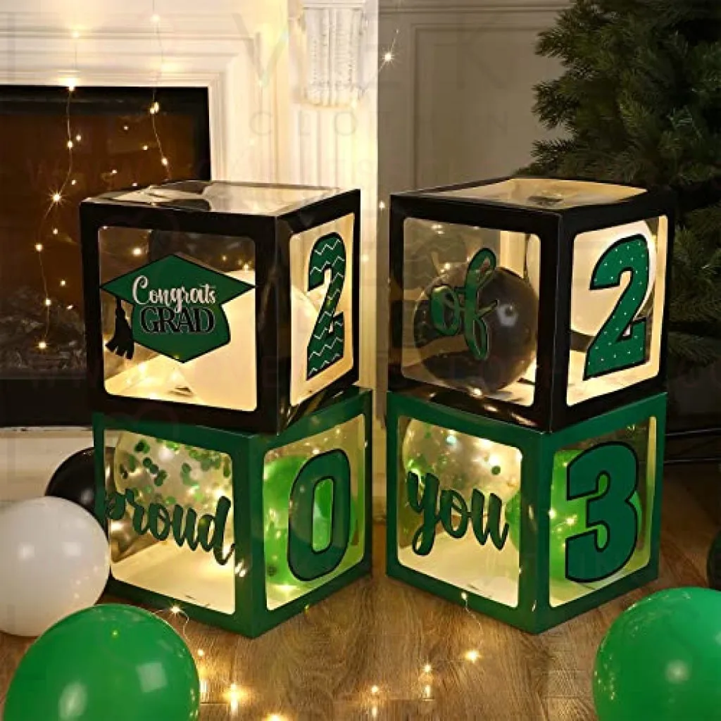 Graduation Box Decorations with Balloon and LED Light Strings Congrats 2023 Grad Party Supplies Proud of You Balloon Boxes for Class of 2023 School College Party Decor, 44 Pieces (Green)