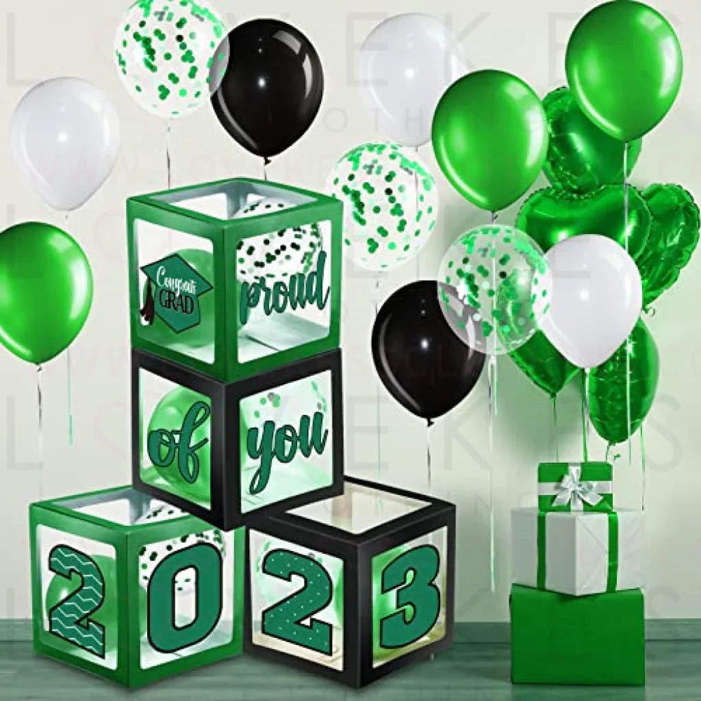 Graduation Box Decorations with Balloon and LED Light Strings Congrats 2023 Grad Party Supplies Proud of You Balloon Boxes for Class of 2023 School College Party Decor, 44 Pieces (Green)