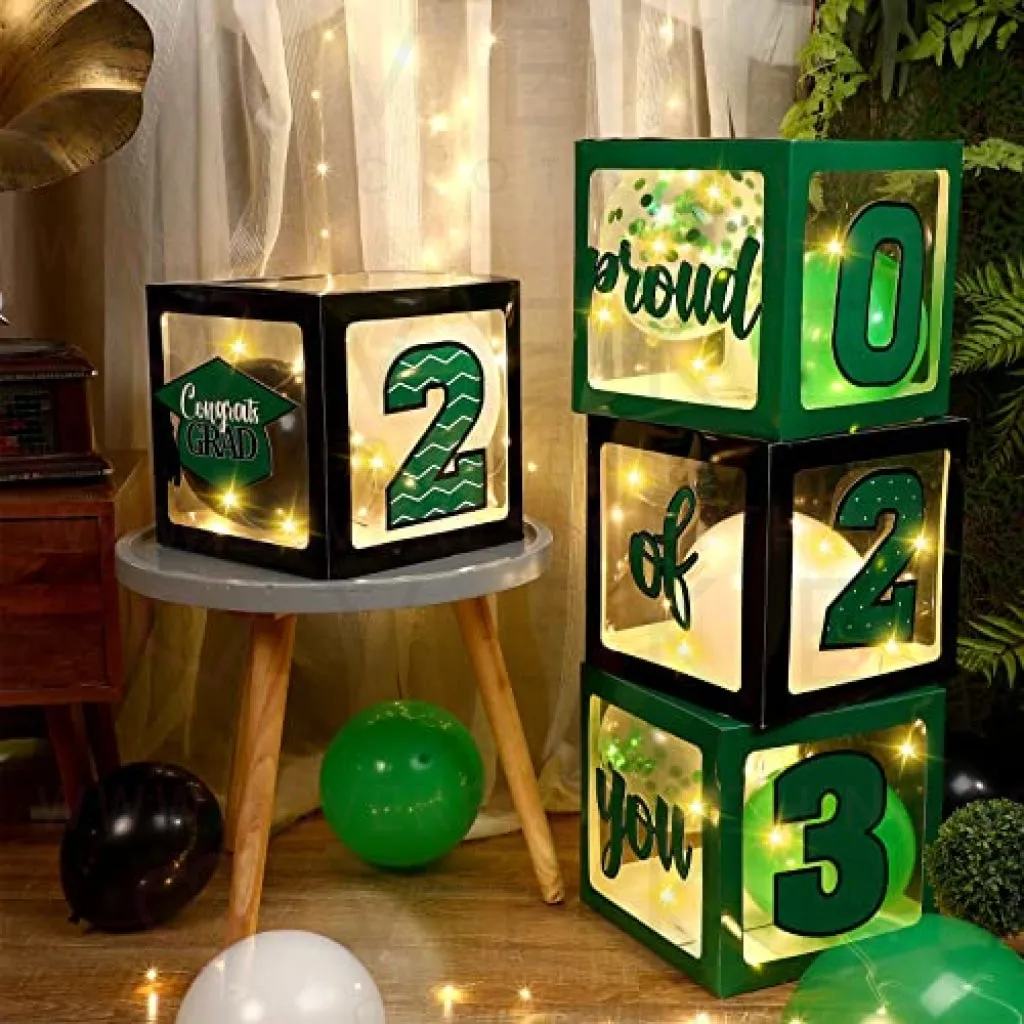 Graduation Box Decorations with Balloon and LED Light Strings Congrats 2023 Grad Party Supplies Proud of You Balloon Boxes for Class of 2023 School College Party Decor, 44 Pieces (Green)