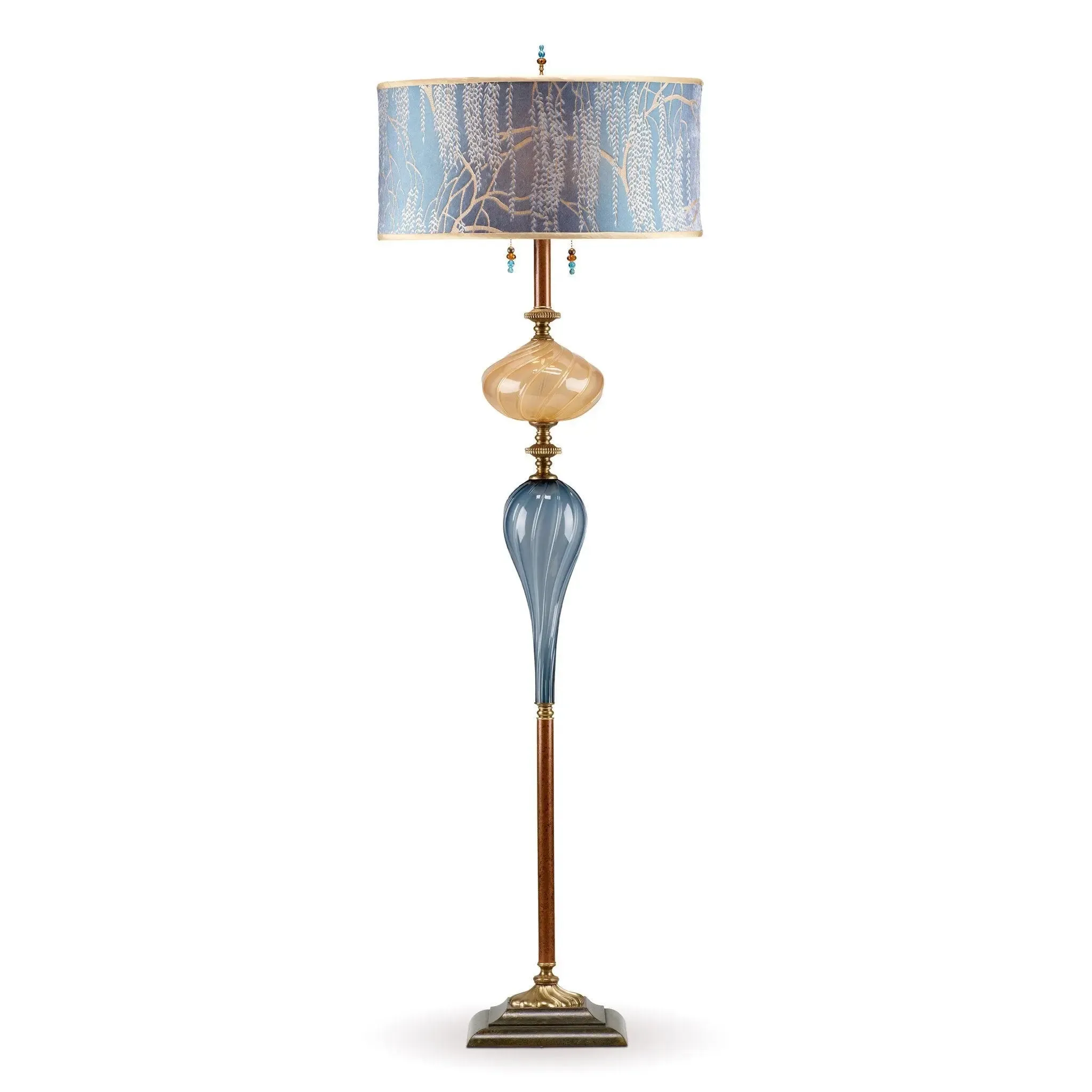 Grayson Floor Lamp F 150 AG 132 by Kinzig Design, Blue Gray, Gold Blown Glass, Kevin O'Brien fabric Shade