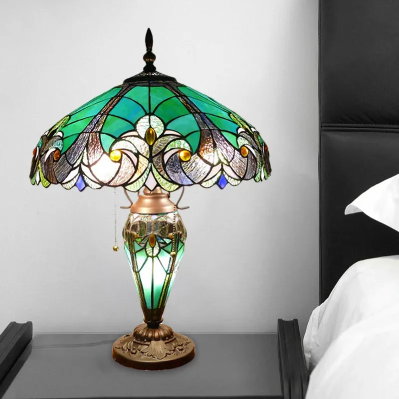 Hand Cut Glass Green Scalloped Dome Night Lamp with Teardrop Base - 3 Lights Task Lighting